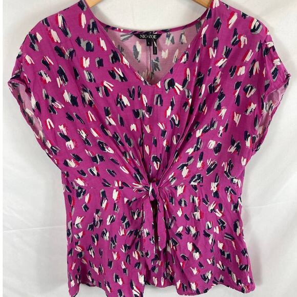 NIC+ZOE Cool Cat Printed V Neck Short Sleeve Blouse Size Large - Picture 3 of 9